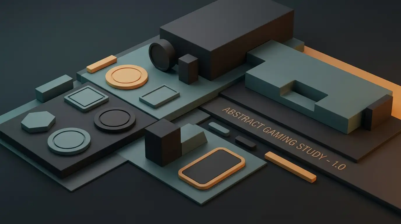 Unmarked gaming tokens and geometric pieces arranged beside softly illuminated studio lights