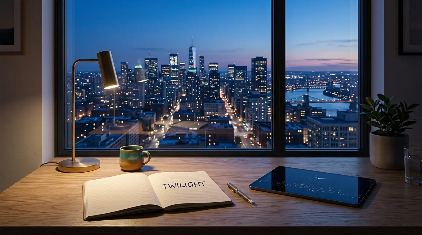 Tablet and notebook beside a window overlooking a softly lit city skyline