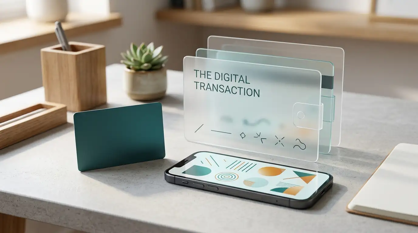 Blank payment card beside a phone and an abstract geometric digital-wallet display