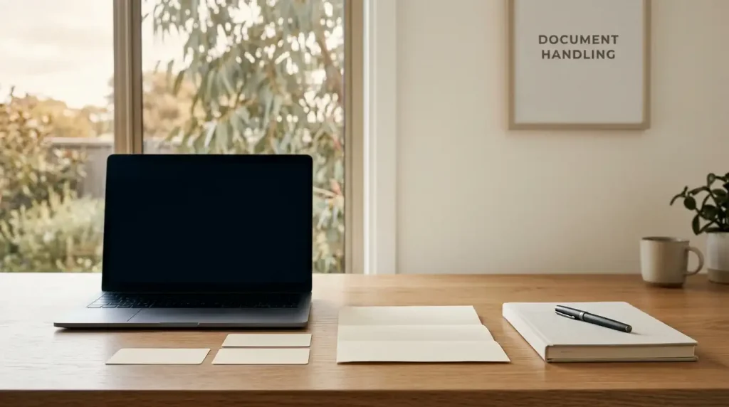 Blank identification-sized paper and closed notebook beside a laptop on a softly lit desk
