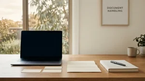 Blank identification-sized paper and closed notebook beside a laptop on a softly lit desk