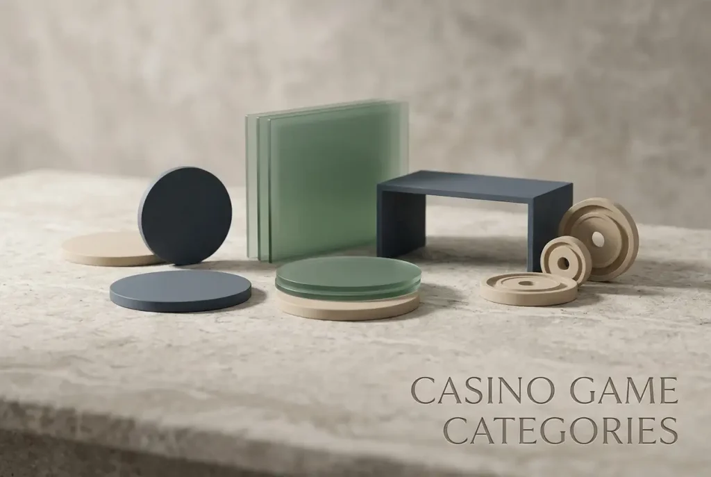 Neutral studio still life with geometric game pieces and a softly lit display of abstract circles