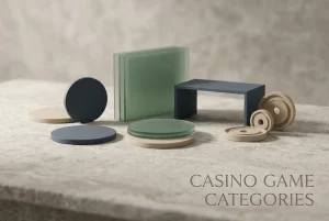 Neutral studio still life with geometric game pieces and a softly lit display of abstract circles
