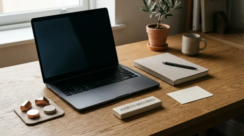 Unbranded card, blank notebook and small geometric tokens on a neutral desktop