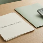 Blank transaction-note sheets and a closed folder on a desk beside a calculator
