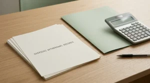 Blank transaction-note sheets and a closed folder on a desk beside a calculator